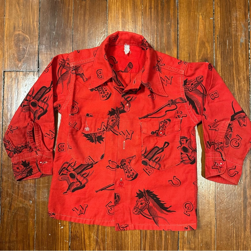 Vtg 50s Child’s Western-Themed Red Button-Up Cowboy Shirt Boys Kid Horse Novelty
